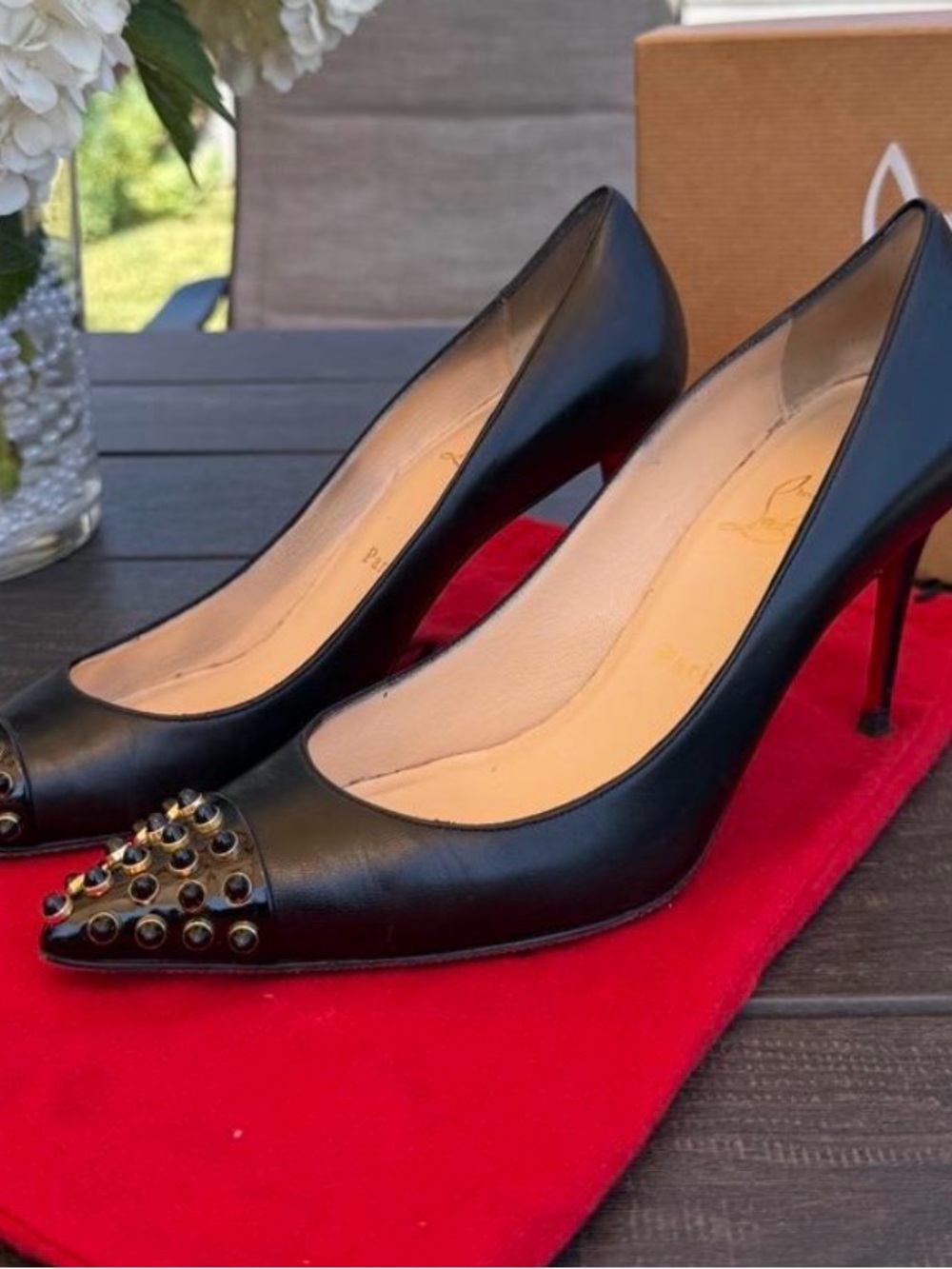 Neiman Marcus Black Leather Pointed-Toe Studded Pumps
